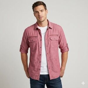 Rock & Republic Mens Size Large Red Button Shirt Long Sleeve Easy Care Casual